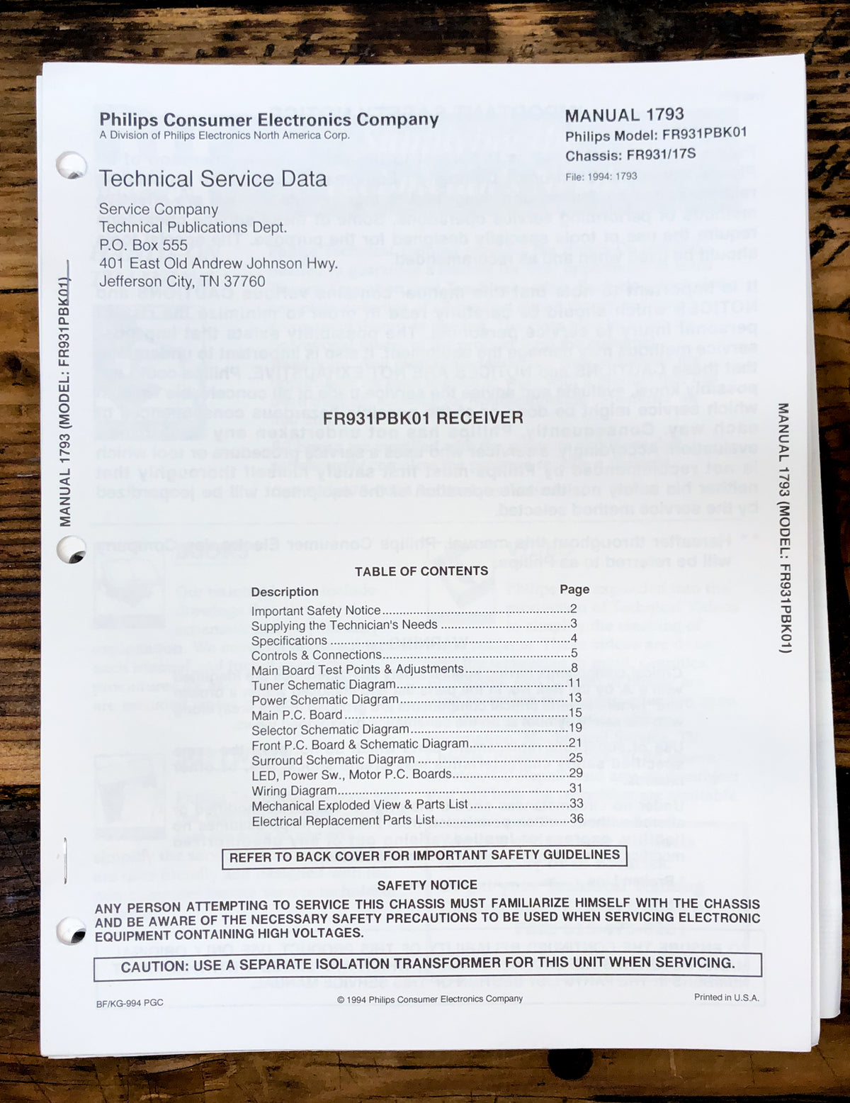 Philips FR931 FR-931 Receiver  Service Manual *Original*