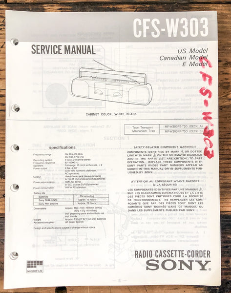 Sony CFS-W303 Radio / Boombox  Service Manual *Original* #3