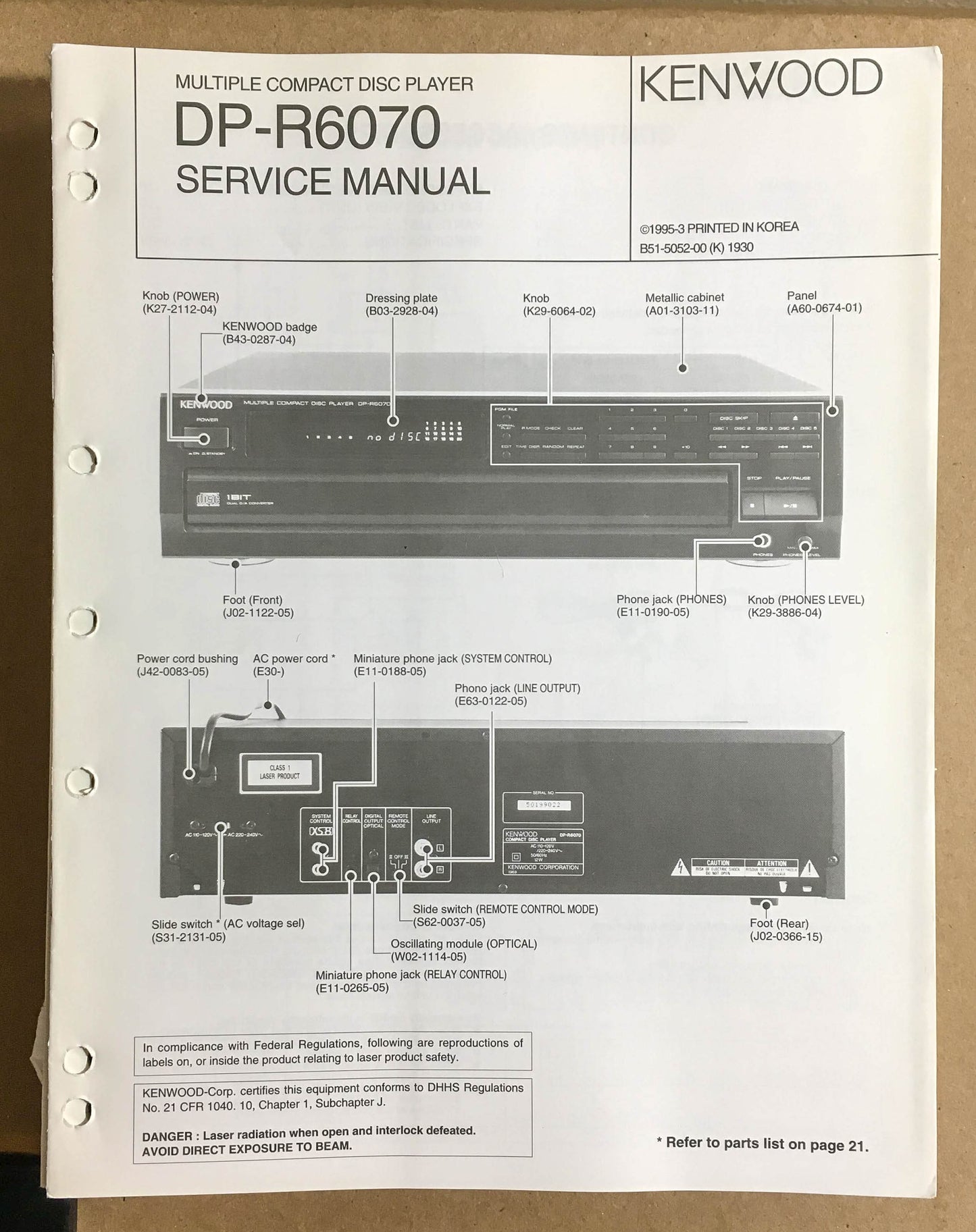 Kenwood DP-R6070 CD Player  Service Manual *Original*