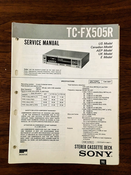 Sony TC-FX505R Cassette Service Manual *Original*