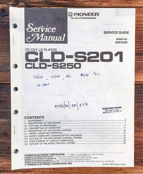 Pioneer CLD-S201 CLD-S250 CD CDV LD Player  Service Manual *Original* #2