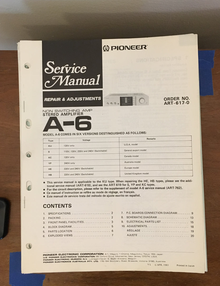 Pioneer A-6 Amplifier Service Manual *Original* #2