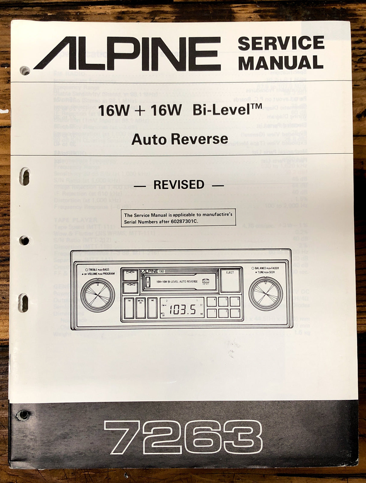 Alpine Model 7263 Car Stereo Revised Service Manual *Original* #1