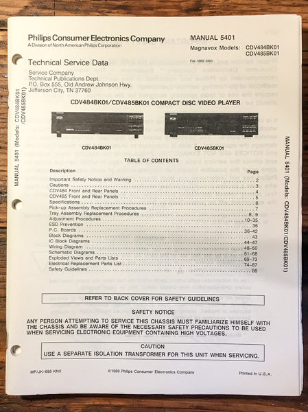 Philips CDV-484 CDV-485 CD CDV Player  Service Manual *Original*