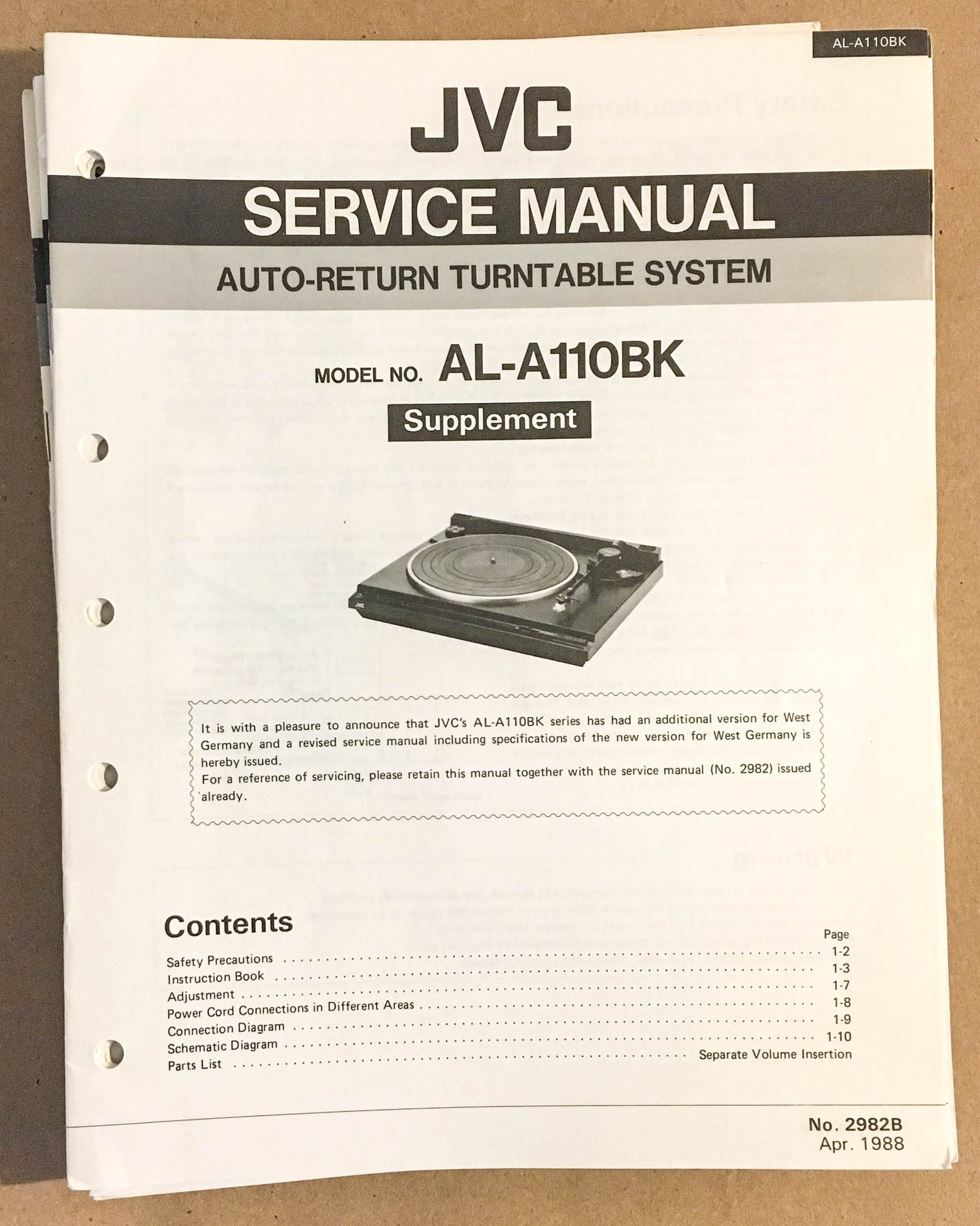 JVC AL-A110 BK Turntable / Record Player  Service Manual Supplement *Original*