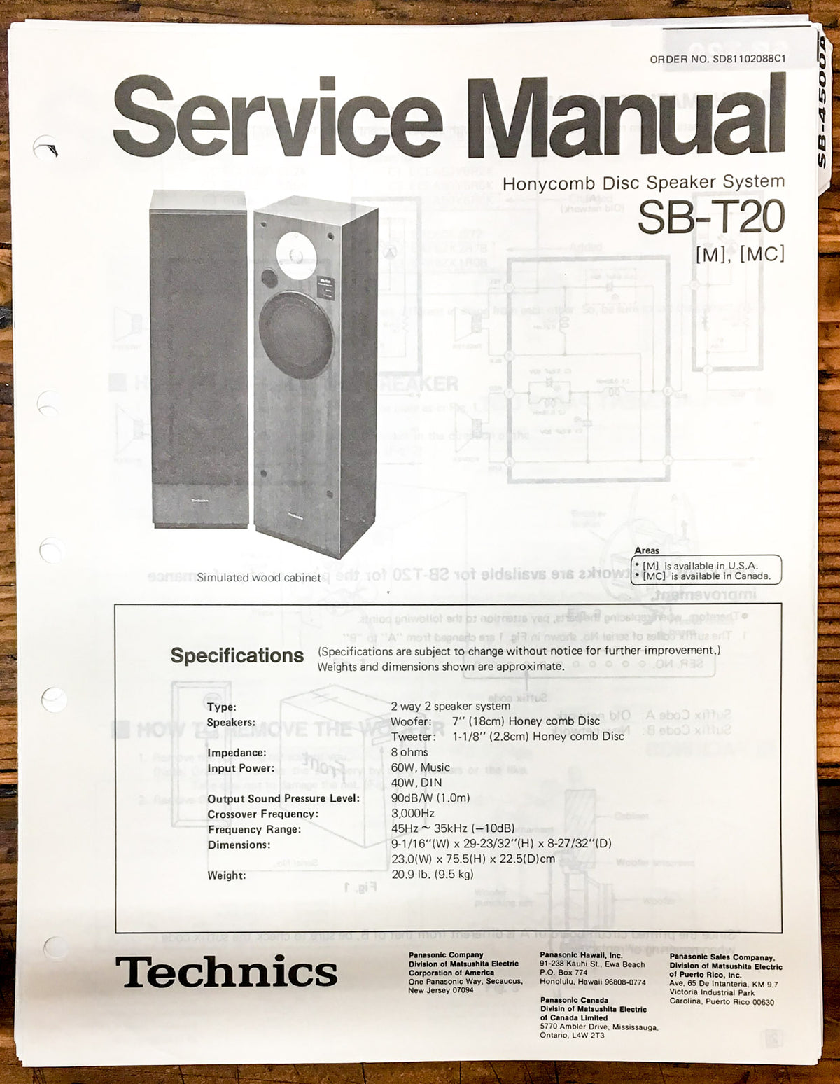 Technics SB-T20 Speaker  Service Manual *Original*
