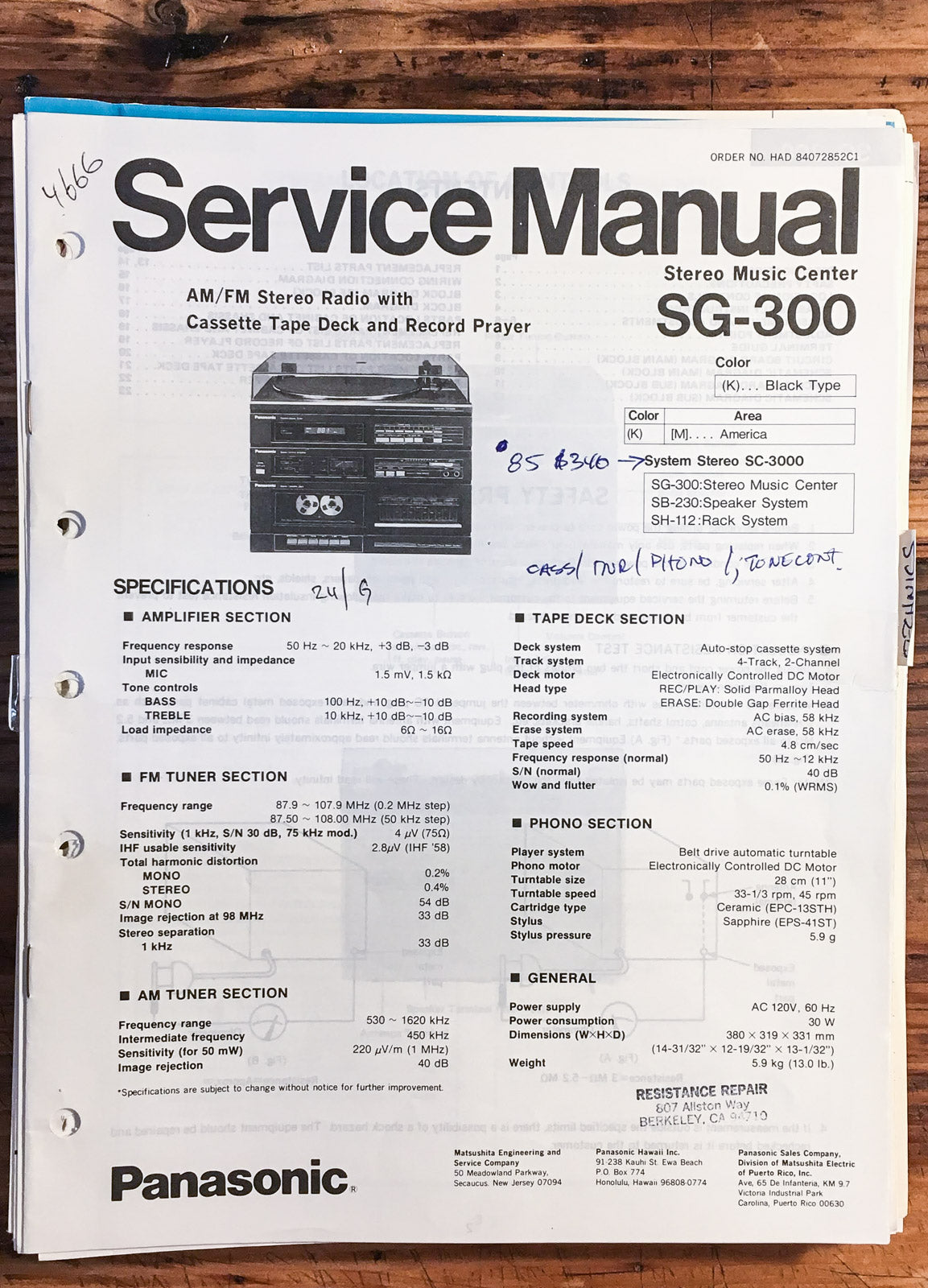 Panasonic SG-300 Stereo  Service Manual *Original*