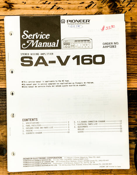 Pioneer SA-V160 Amplifier Service Manual *Original*