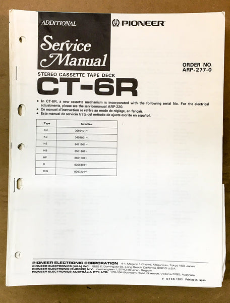 Pioneer CT-6R Cassette Service Manual *Original*