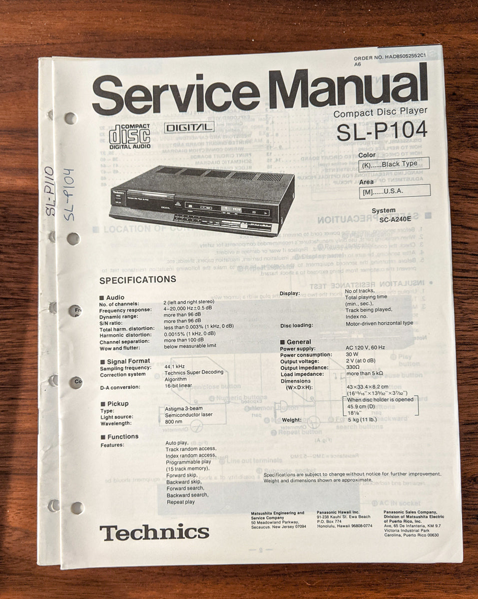 *Original* Technics SL-P110 CD Player Service Manual
