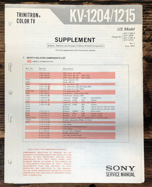 Sony KV-1204 KV-1215 TV Supp Service Manual *Original*