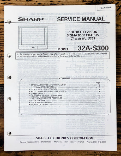 Sharp 32A- TV / Television Service Manual *Original*