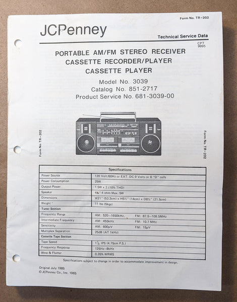 JC Penny / MCS Model 3039 Radio Cassette Service Manual *Original*