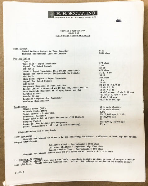 H.H. Scott Model 260 LK-60 Amplifier Service Bulletin *Original*