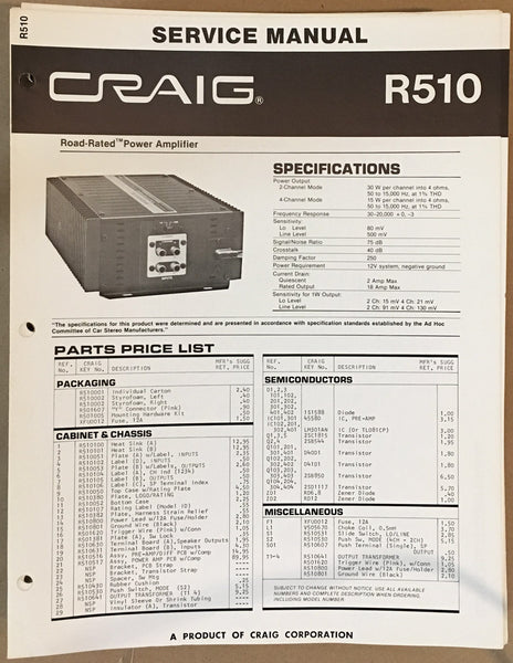 Craig Model R510 Car Amplifier Service Manual *Original*