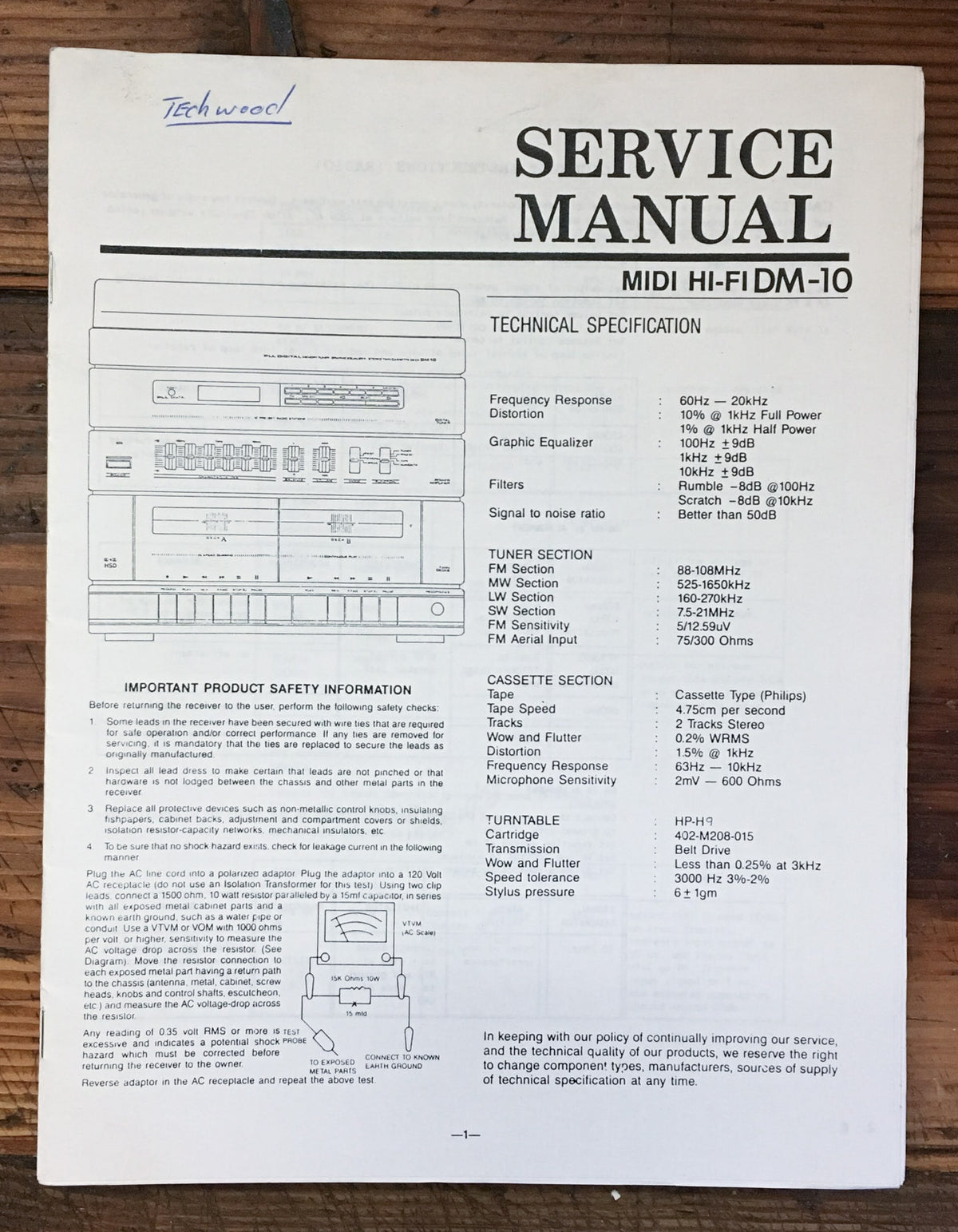 Techwood MIDI HI-FI DM-10 Stereo  Service Manual *Original*