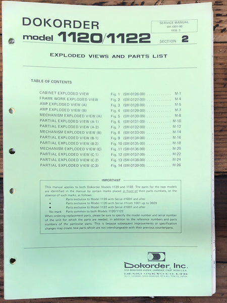 Dokorder Model 1120 1122 Reel to Reel Exploded View / Parts List Manual *Orig*