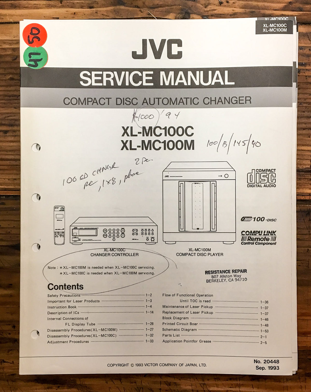JVC XL-MC100C XL-MC100M CD Player  Service Manual *Original*