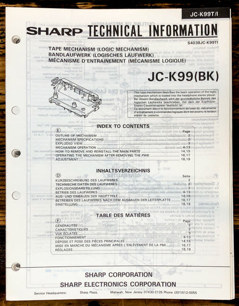 Sharp JC-K99 Cassette Mech. Service Manual *Original*