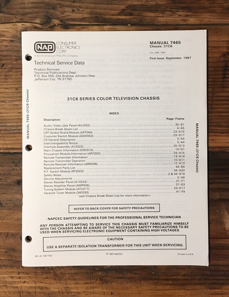 Philips Magnavox 31C6 Color TV Service Manual *Original*