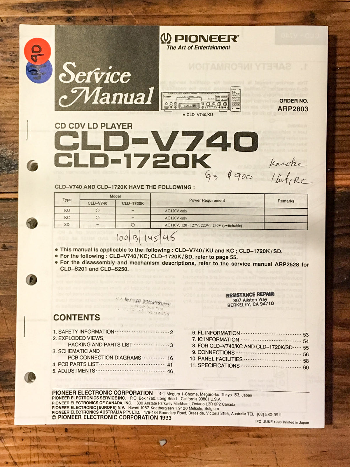 Pioneer CLD-V740 CLD-1720K Laserdisc Player Service Manual *Original*
