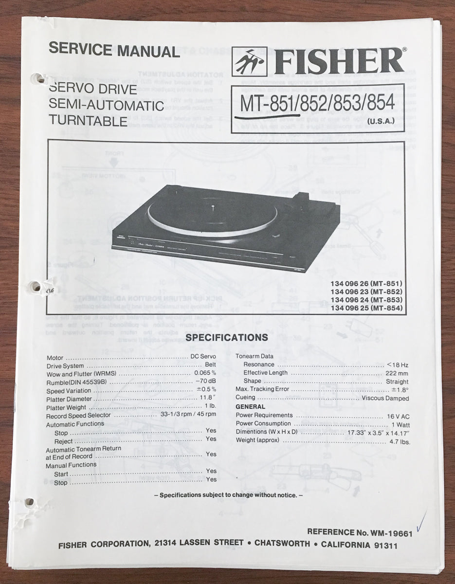 Fisher MT-851 MT-852 MT-853 MT-854 Turntable Service Manual *Original*