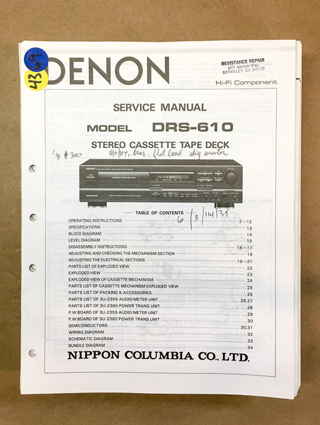 Denon DRS-610 Cassette Deck  Service Manual *Original*