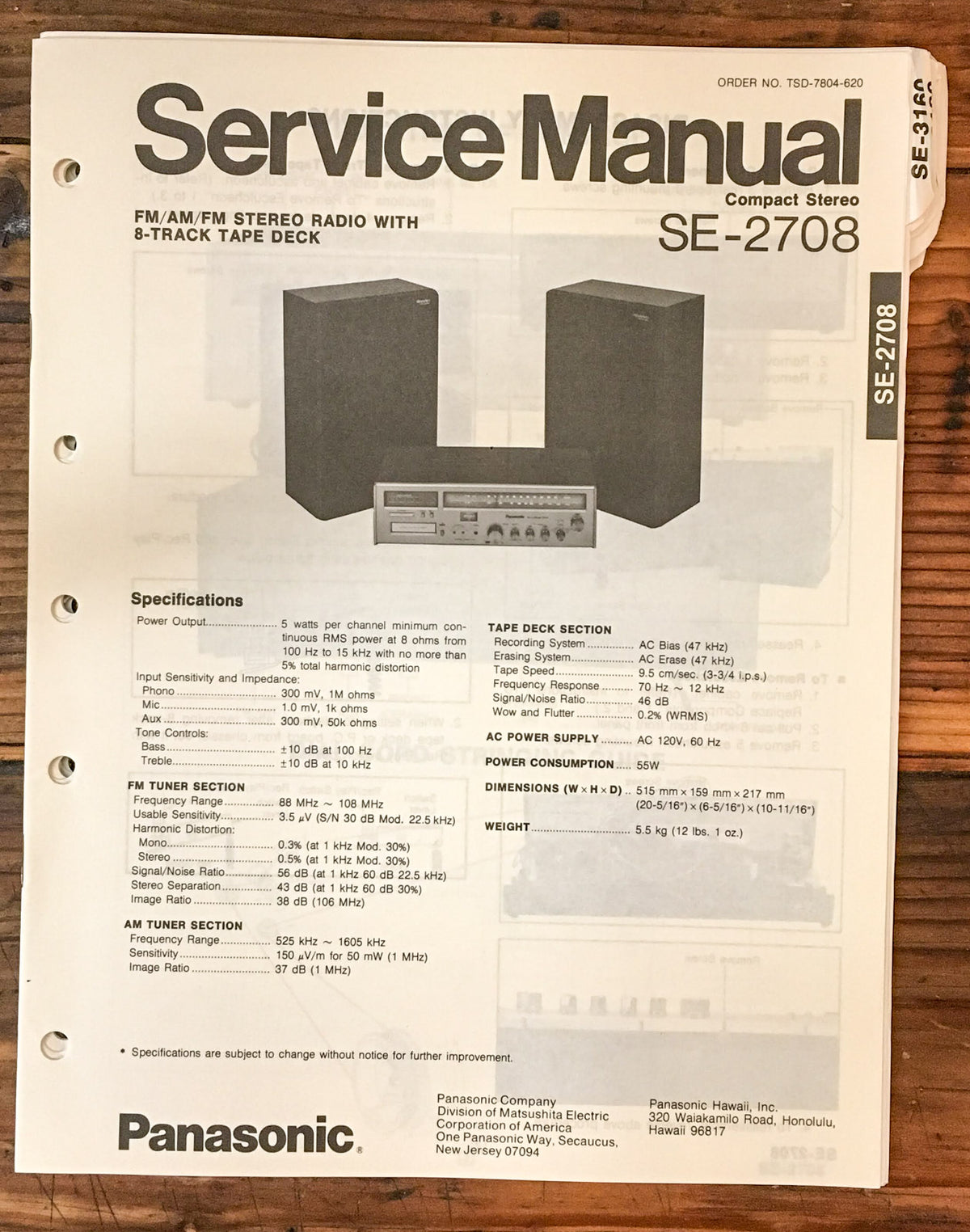Panasonic SE-2708 Stereo  Service Manual *Original*
