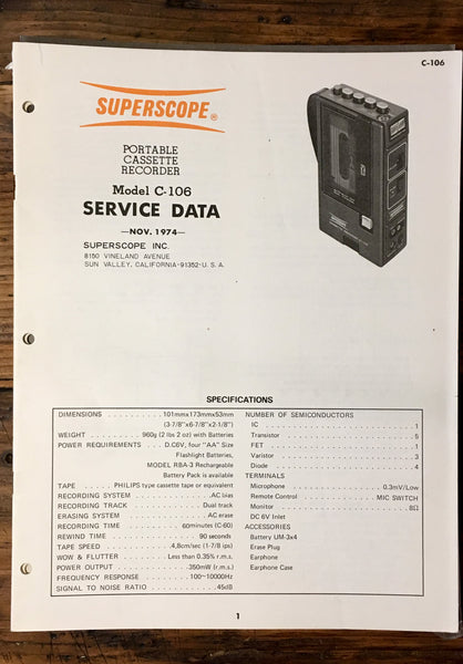 Superscope C-106 Cassette Service Manual *Original*