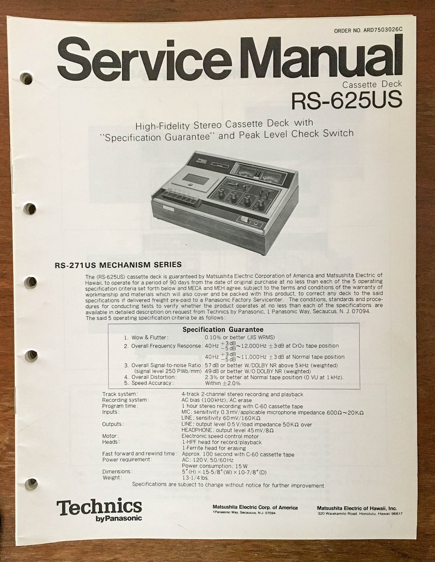 Panasonic Technics RS-625US Cassette Deck  Service Manual *Original*
