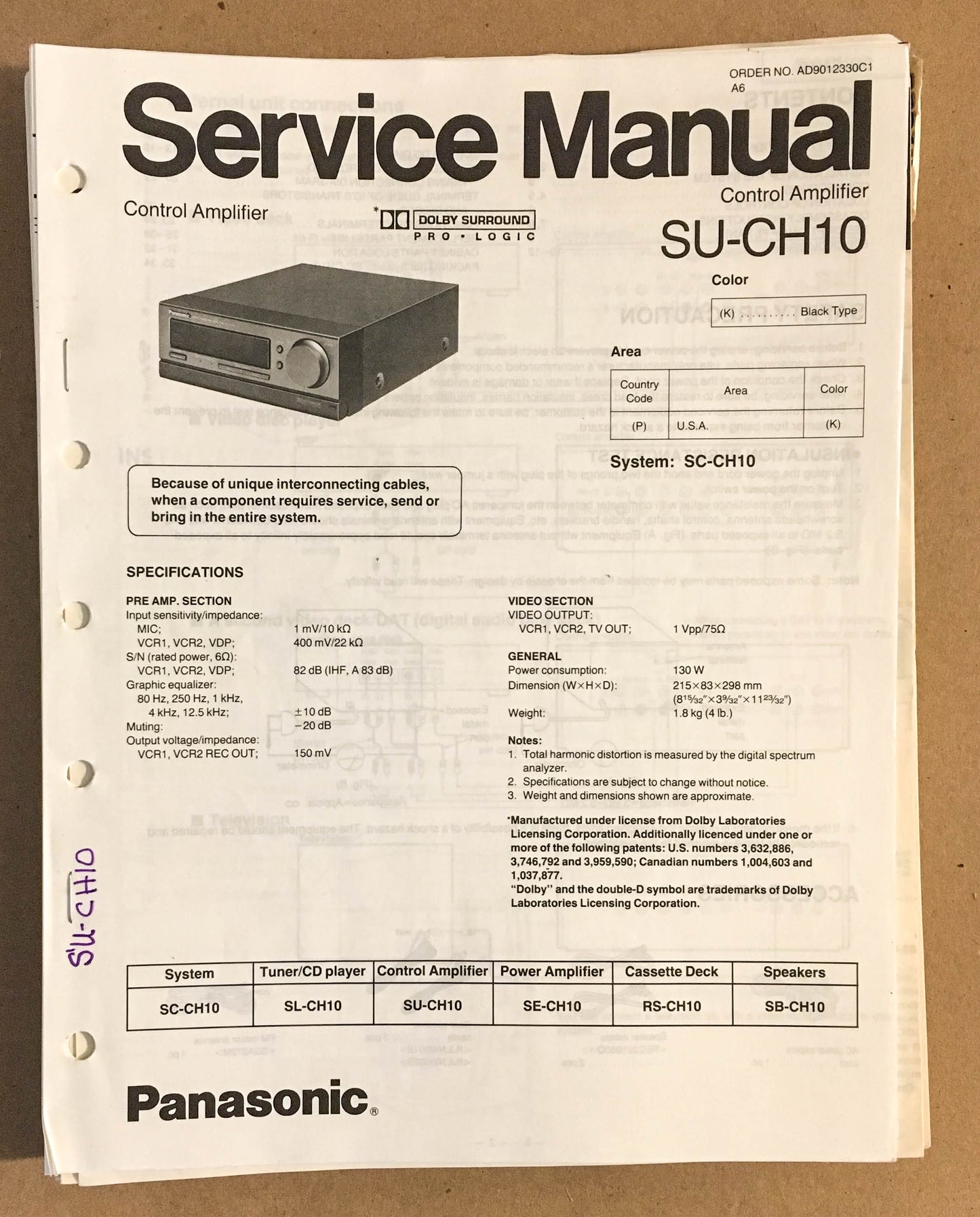 Technics / Panasonic SU-CH10 Preamp / Preamplifier  Service Manual *Original*
