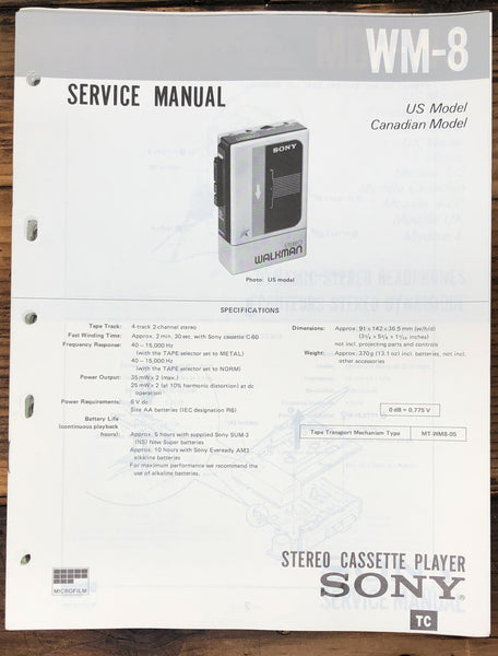 Sony WM-8 Radio Cassette  Service Manual *Original*