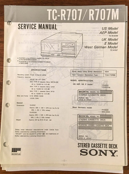 Sony TC-R707 TC-R707M Cassette Service Manual *Original*