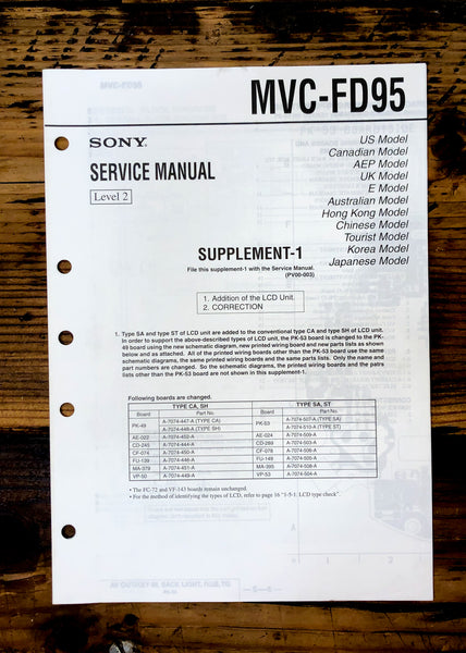 Sony MVC-FD95 Camera Supp. Service Manual *Original*