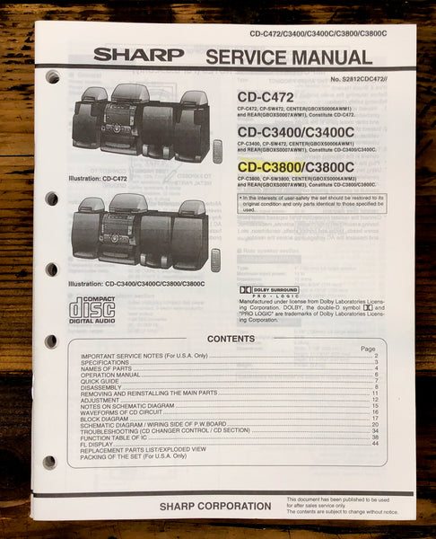 Sharp CD-C472 -C3400 -C3800 Stereo Service Manual *Original*