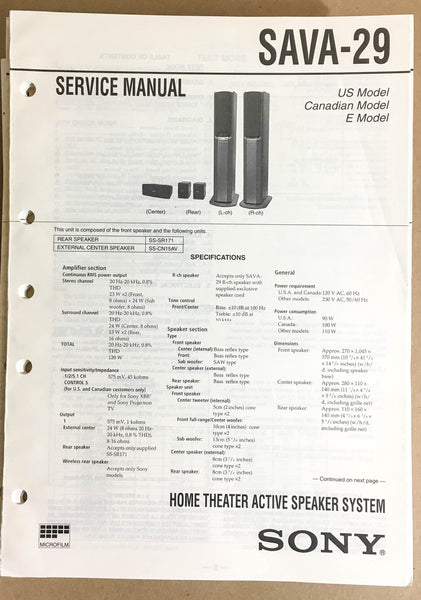 Sony SAVA-29 Speaker System  Service Manual *Original*