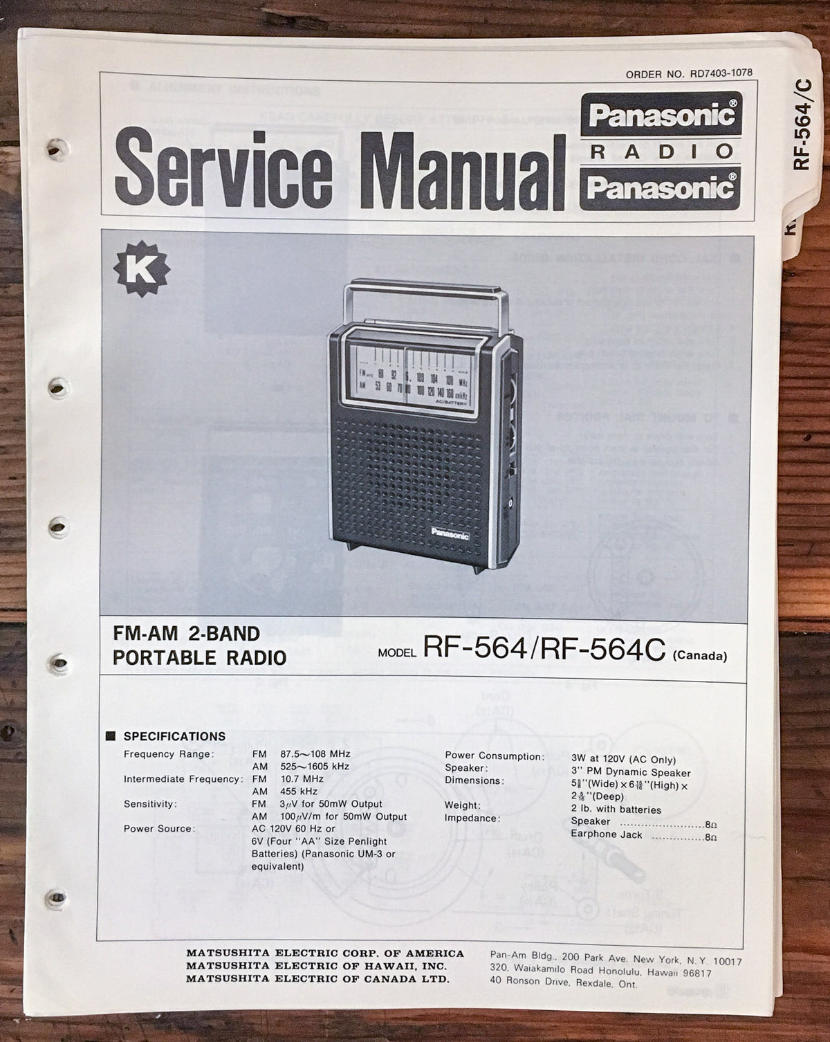 Panasonic RF-564 RF-564C Radio  Service Manual *Original*