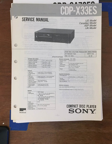 Sony CDP-X33ES CD Player Service Manual *Original*