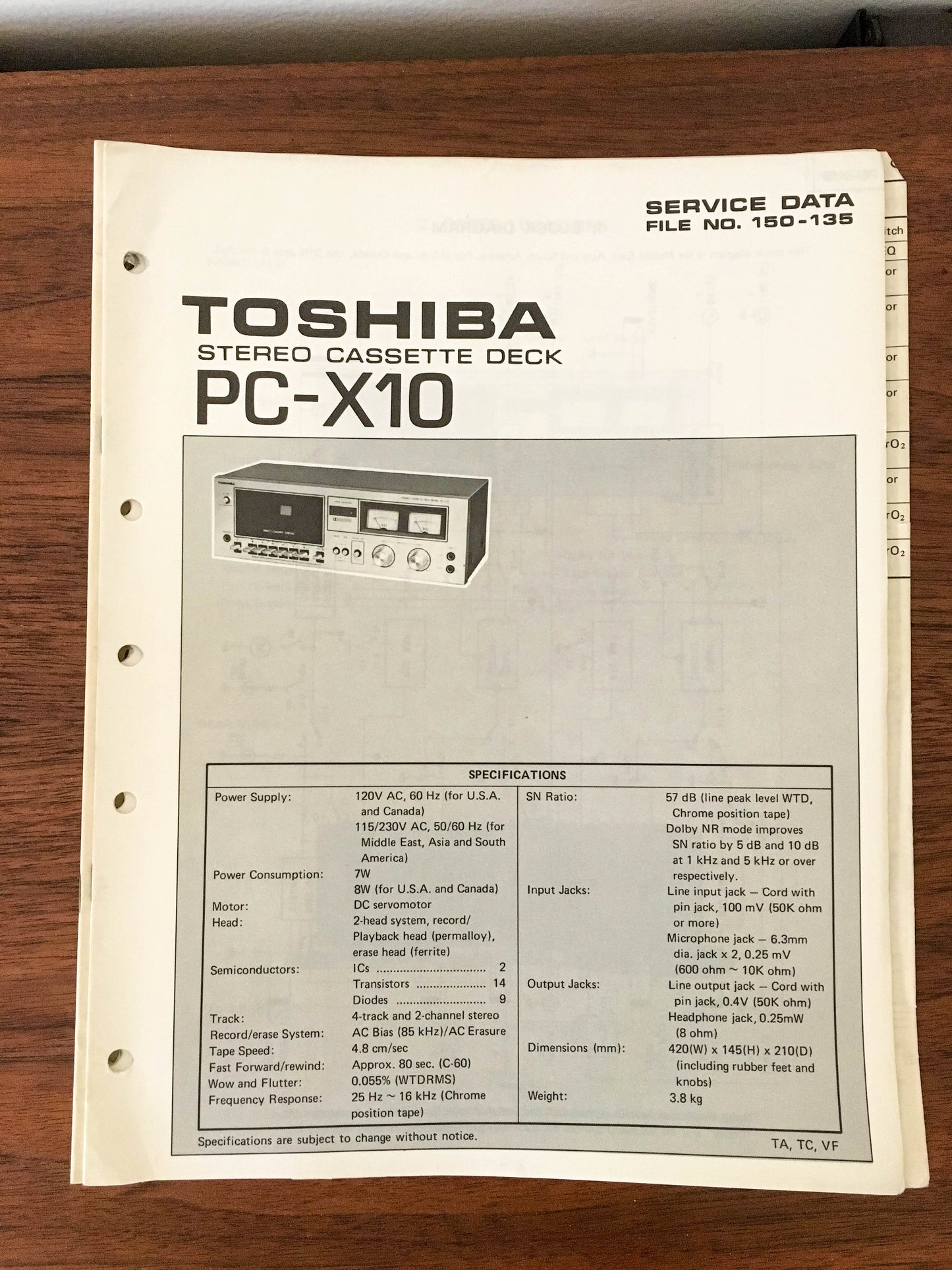 Toshiba PC-X10 Cassette Deck Service Manual *Original*