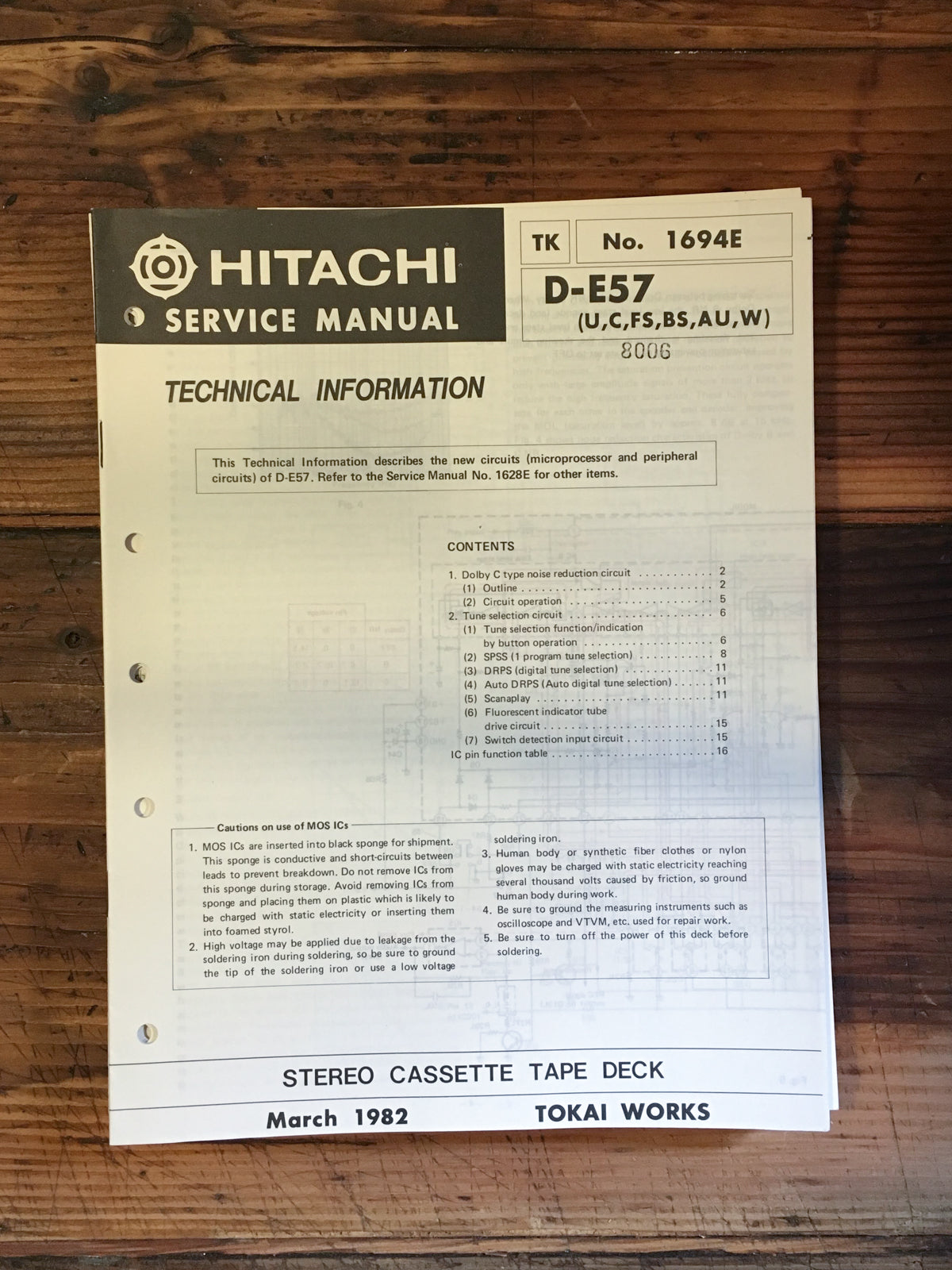 Hitachi D-E57 Cassette Service Manual *Original*