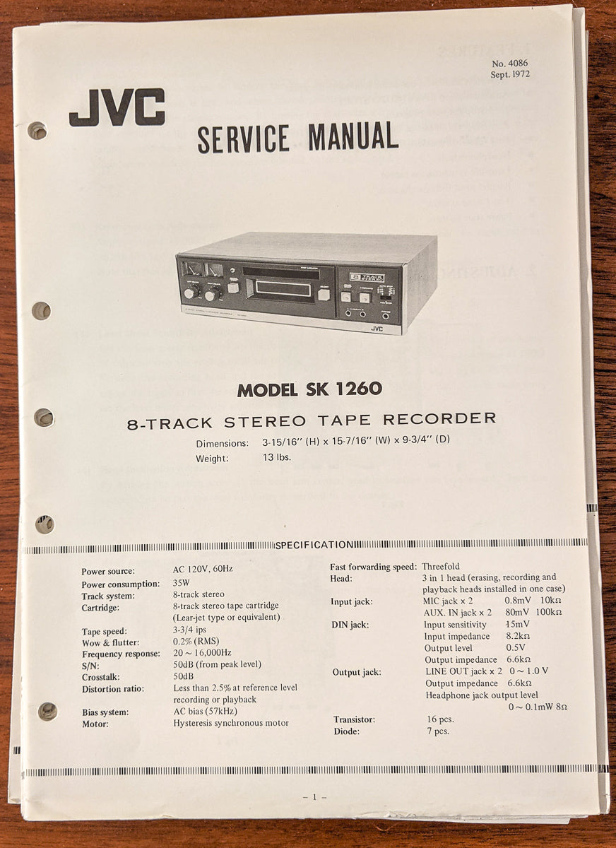 JVC SK 1260 8 Track Tape Service Manual *Original*