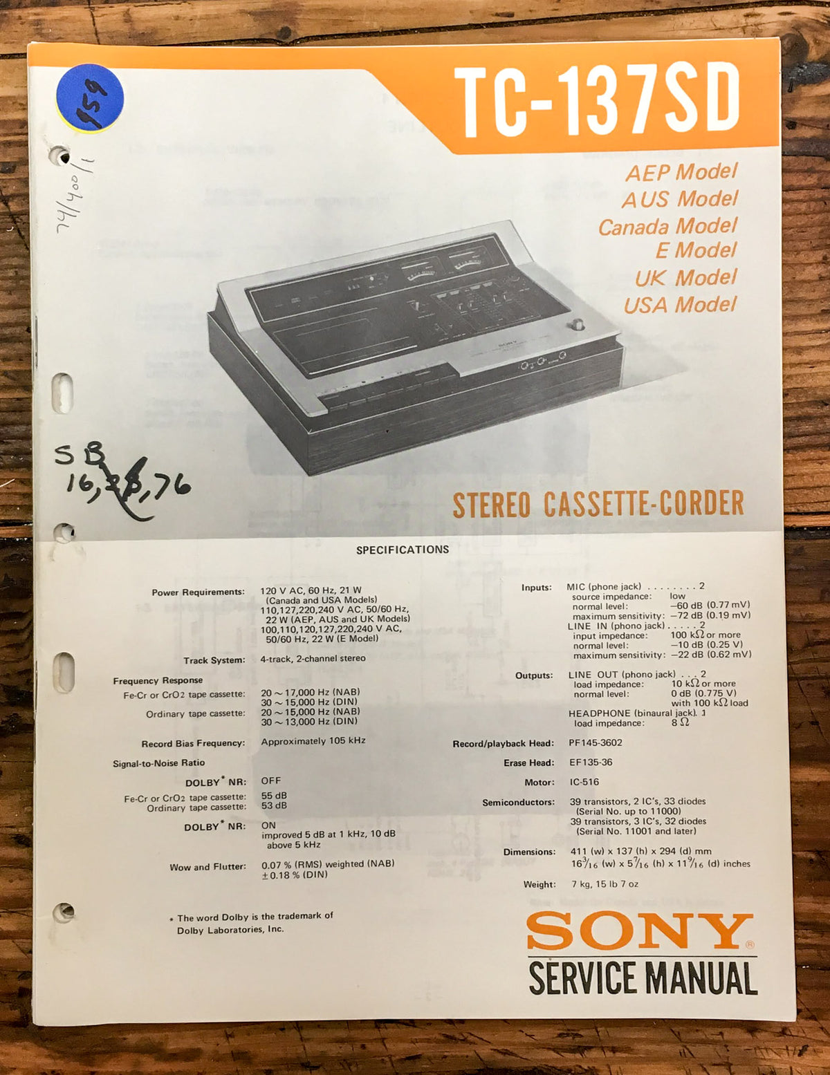 Sony TC-137SD Cassette  Service Manual *Original*