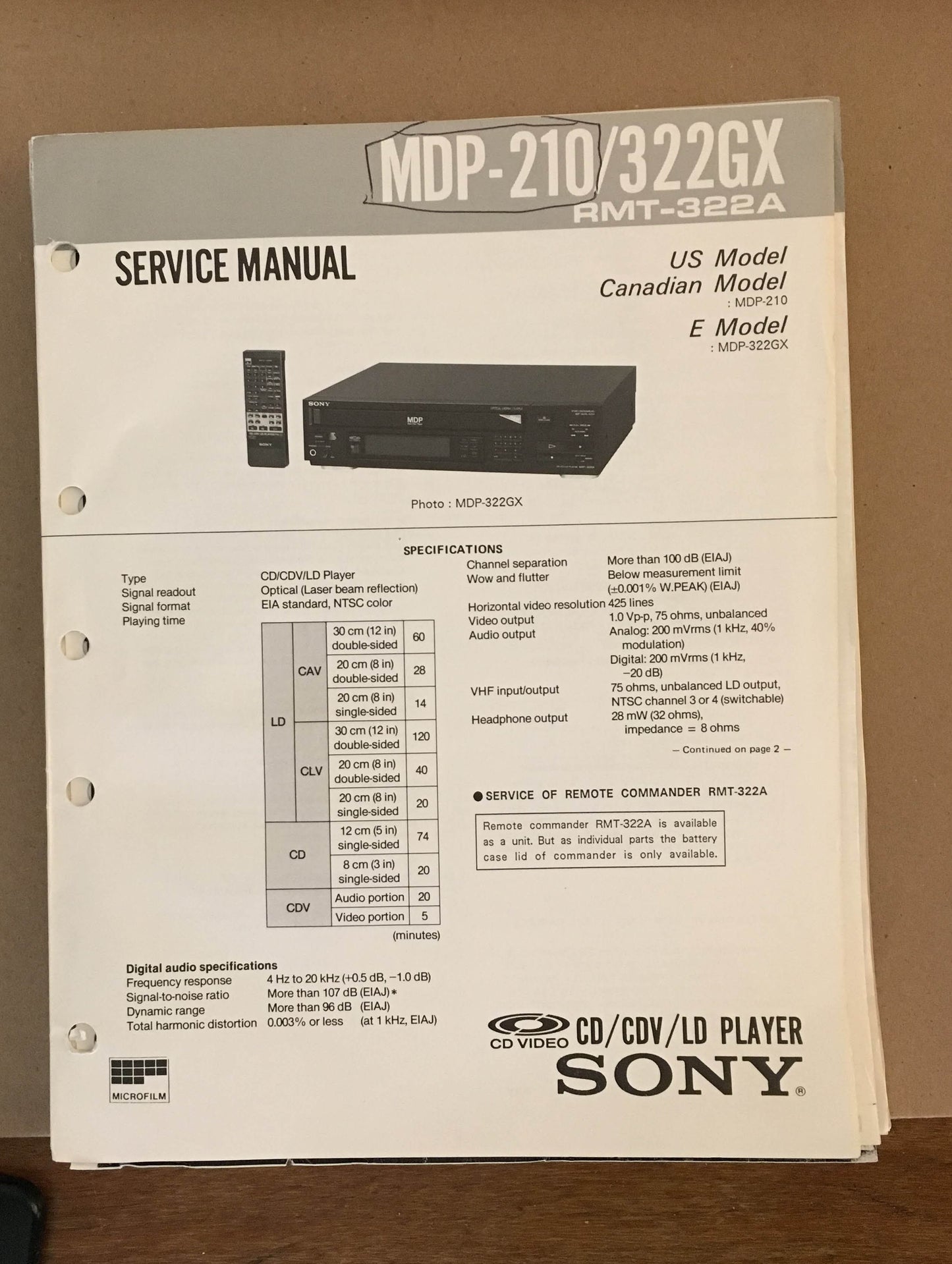 Sony MDP-210 MDP-322GX CD CDV LD Player  Service Manual *Original*