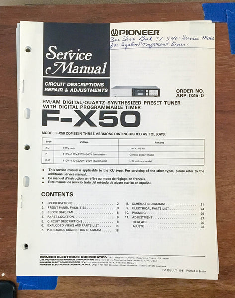 Pioneer F-X50 Tuner Service Manual *Original*