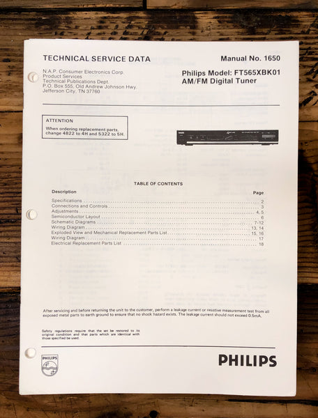 Philips FT565 XBK01 Tuner  Service Manual *Original*