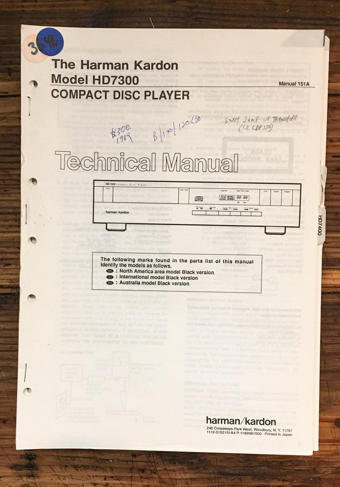 Harman Kardon 7300 HD-7300 CD Player  Service Manual *Original*