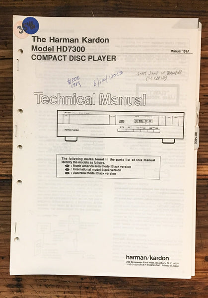 Harman Kardon 7300 HD-7300 CD Player  Service Manual *Original*