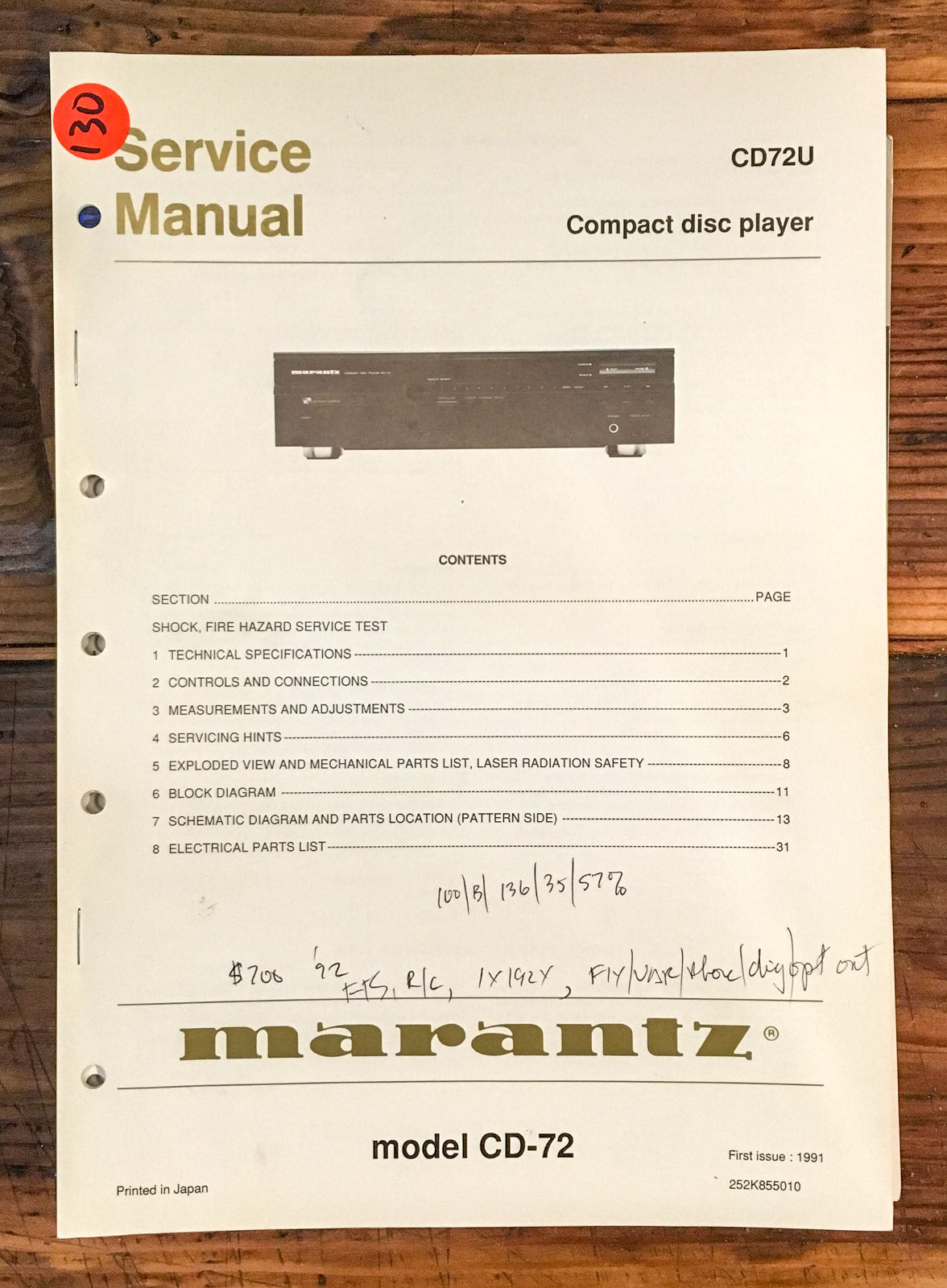 Marantz CD-72 CD Player  Service Manual *Original*