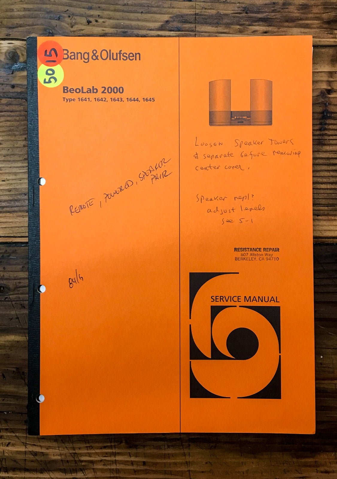 B&O Bang Olufsen BeoLab 2000 Speaker  Service Manual *Original*