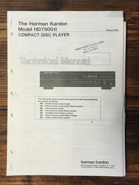 Harman Kardon HK HD7500 II HD-7500 II CD Player Service Manual *Original*